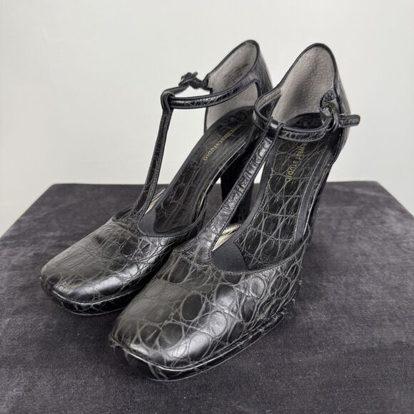 Vintage 2000s Nine West Black Croc Embossed Leather Platform T-Strap Heels 8.5 - Picture 1 of 11